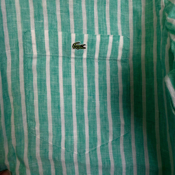 Lacoste Linen Shirt Mens 41 Green Striped Long Sleeve Button Up Resort Beach - Picture 7 of 9